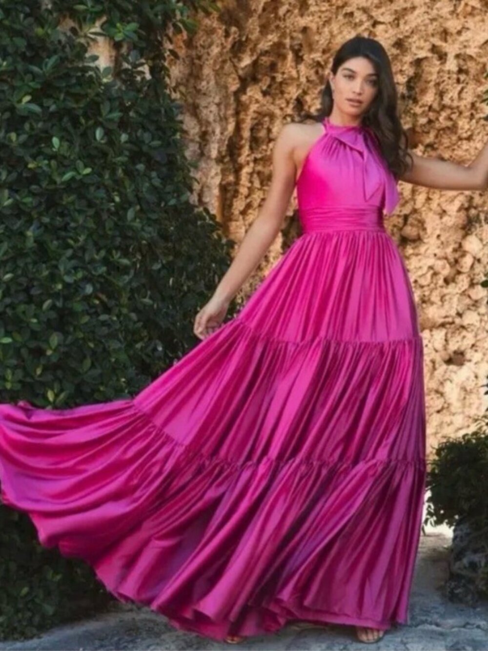 MAC DUGGAL Size 20 Pink 506581 RUFFLE TIERED TIE HALTER NECK Maxi GOWN Dress NWT
